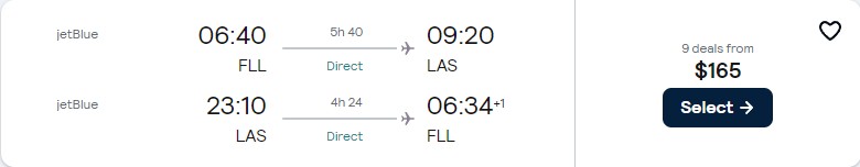 Non-stop flights from Fort Lauderdale to Las Vegas for only $165 roundtrip with JetBlue. Also works in reverse. Flight deal ticket image.