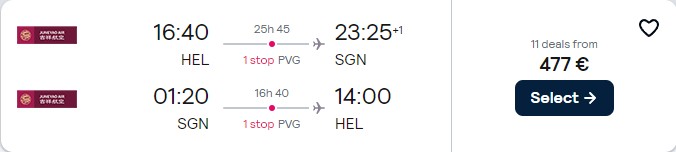 Cheap flights from Helsinki, Finland to Ho Chi Minh City, Vietnam for only €477 roundtrip. Flight deal ticket image.
