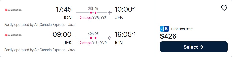 Click here to book this cheap flight deal. Summer flights from Seoul, South Korea to New York, USA for only $426 USD roundtrip with Air Canada. Flight deal ticket image.