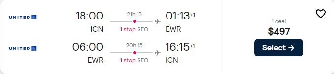 Cheap flights from Seoul, South Korea to New York, USA for only $497 USD roundtrip with United Airlines. Flight deal ticket image.