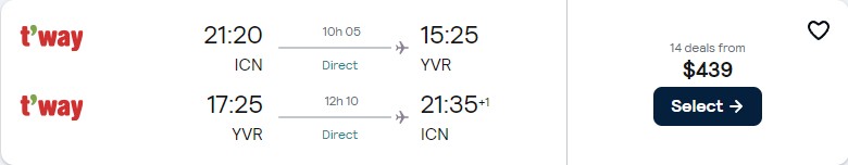 Non-stop flights from Seoul, South Korea to Vancouver, Canada for only $439 USD roundtrip. Flight deal ticket image.
