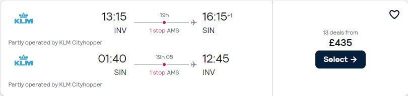 Cheap flights from UK cities to Singapore from only £430 roundtrip with KLM. Flight deal ticket image.