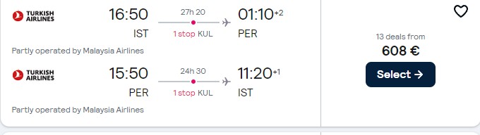 Cheap flights from European cities to Perth or Adelaide, Australia from only €608 roundtrip with Turkish Airlines and Malaysia Airlines. Flight deal ticket image.