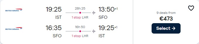 Cheap flights from Istanbul, Turkey to San Francisco, USA for only €473 roundtrip with British Airways. Flight deal ticket image.