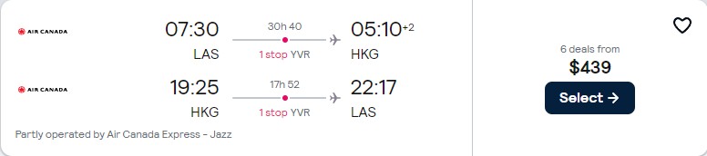 Click here to book this cheap flight deal. Cheap flights from US cities to Hong Kong from only $439 roundtrip with Air Canada. Flight deal ticket image.
