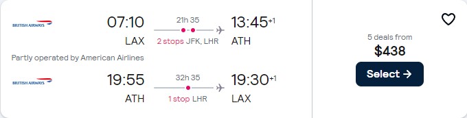 Cheap flights from Los Angeles to Athens, Greece for only $438 roundtrip with American Airlines and British Airways. Flight deal ticket image.