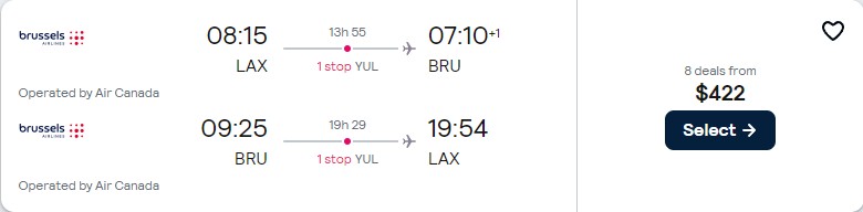Cheap flights from Los Angeles to Brussels, Belgium for only $422 roundtrip with Air Canada. Flight deal ticket image.