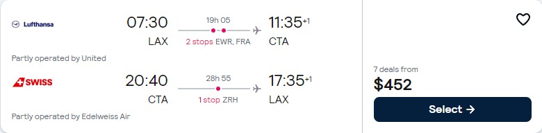 Cheap flights from Los Angeles to Sicily for only $452 roundtrip with United Airlines, Lufthansa and Swiss International Air Lines. Flight deal ticket image.