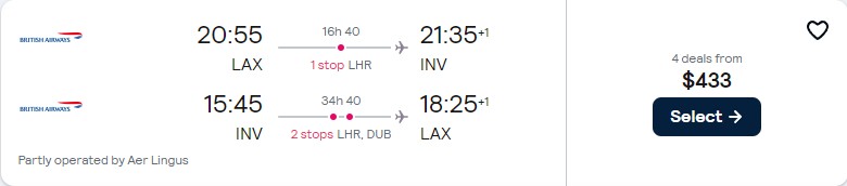 Summer flights from Los Angeles to Inverness, Scotland for only $433 roundtrip with British Airways and Aer Lingus. Flight deal ticket image.