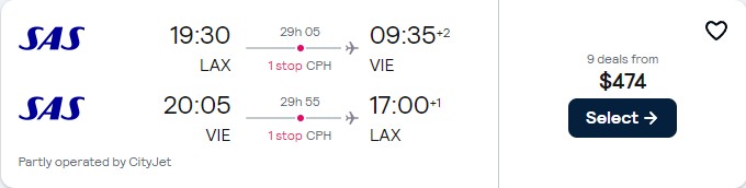 Click here to book this cheap flight deal. Cheap flights from Los Angeles to Vienna, Austria for only $474 roundtrip with Scandinavian Airlines. Flight deal ticket image.