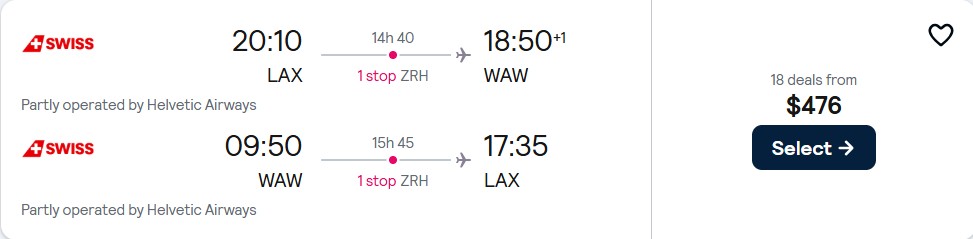 Cheap flights from Los Angeles to Warsaw, Poland for only $471 roundtrip with Swiss International Air Lines. Flight deal ticket image.