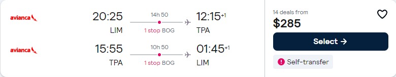 Click here to book this cheap flight deal. Cheap flights from Lima, Peru to Tampa, Florida for only $285 USD roundtrip with Avianca. Flight deal ticket image.