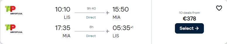 Non-stop flights from Lisbon, Portugal to Miami, USA for only €378 roundtrip with TAP Air Portugal. Flight deal ticket image.
