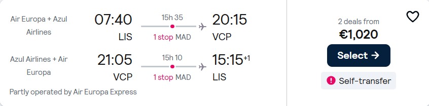 Business Class flights from Lisbon, Portugal to Sao Paulo, Brazil for only €1020 roundtrip with Air Europa. Flight deal ticket image.