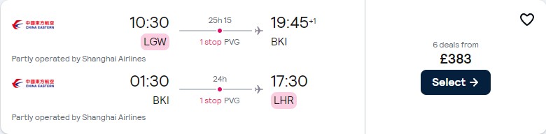 Click here to book this cheap flight deal. Cheap flights from London, UK to Borneo for only £383 roundtrip. Flight deal ticket image.