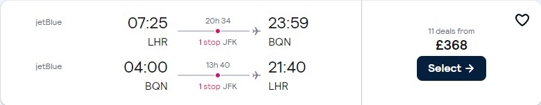 Click here to book this cheap flight deal. Cheap flights from London, UK to Aguadilla or San Juan, Puerto Rico for only £368 roundtrip with JetBlue. Flight deal ticket image.
