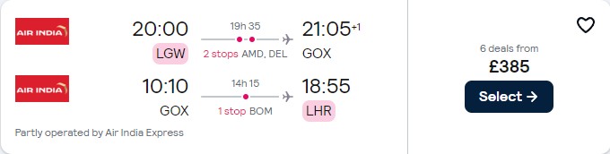 Click here to book this cheap flight deal. Cheap flights from London, UK to Goa, India for only £385 roundtrip. Flight deal ticket image.