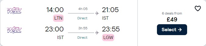 Non-stop flights from London, UK to Istanbul, Turkey for only £49 roundtrip. Flight deal ticket image.