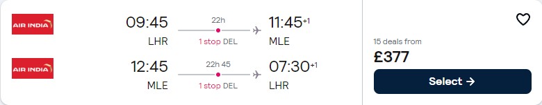 Click here to book this cheap flight deal. Cheap flights from London, UK to the Maldives for only £377 roundtrip. Flight deal ticket image.