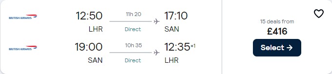Non-stop flights from London, UK to San Diego, USA for only £416 roundtrip with British Airways. Flight deal ticket image.