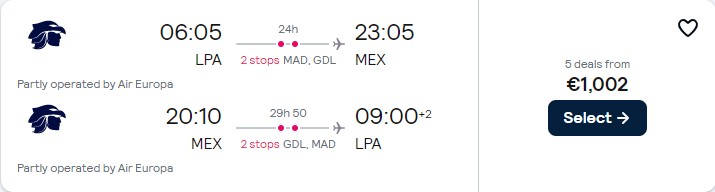Click here to book this cheap flight deal. Business Class flights from the Canary Islands to Mexico City, Mexico for only €1002 roundtrip with Air Europa and Aeromexico. Flight deal ticket image.