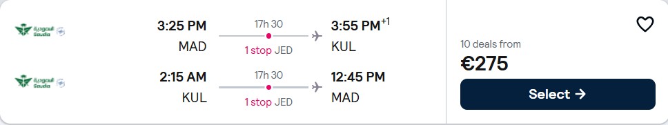 Cheap flights from Madrid, Spain to East Asia from only €275 roundtrip. Flight deal ticket image.