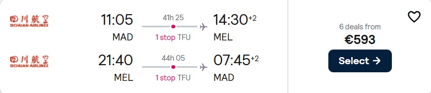 Cheap flights from Madrid, Spain to Melbourne or Sydney, Australia from only €593 roundtrip. Flight deal ticket image.