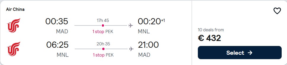 Click here to book this cheap flight deal. Cheap flights from Madrid, Spain to Manila, Philippines for only €432 roundtrip. Flight deal ticket image.