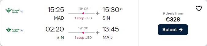 Cheap flights from Madrid, Spain to Singapore for only €328 roundtrip. Flight deal ticket image.