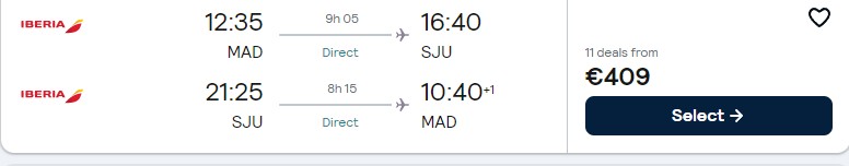Non-stop flights from Madrid, Spain to San Juan, Puerto Rico for only €409 roundtrip with Iberia. Flight deal ticket image.