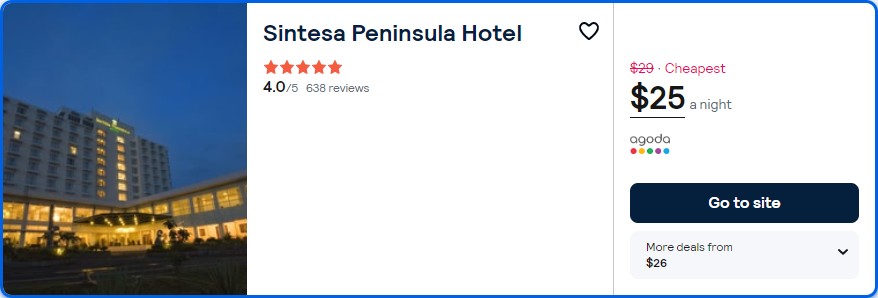 Click here to book this cheap flight deal. Stay at the 5 Stars* Sintesa Peninsula Hotel in Manado, Indonesia for only $25 USD per night. Flight deal ticket image.