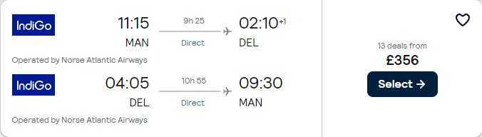 Non-stop flights from Manchester, UK to Delhi or Mumbai, India from only £356 roundtrip. Flight deal ticket image.
