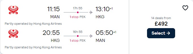 Cheap flights from Manchester, UK to Hong Kong for only £492 roundtrip with Hainan Airlines. Flight deal ticket image.