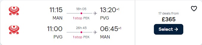 Cheap flights from Manchester, UK to Shanghai, China for only £365 roundtrip with Hainan Airlines. Flight deal ticket image.