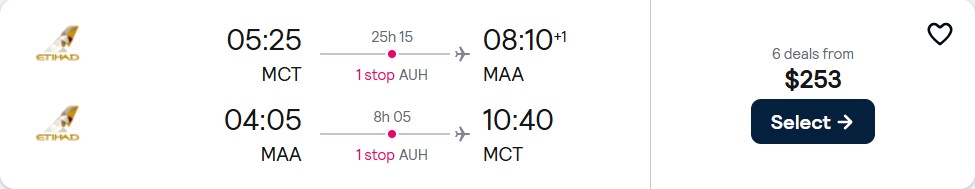 Cheap flights from Muscat, Oman to Chennai, India for only $253 USD roundtrip with Etihad Airways. Flight deal ticket image.