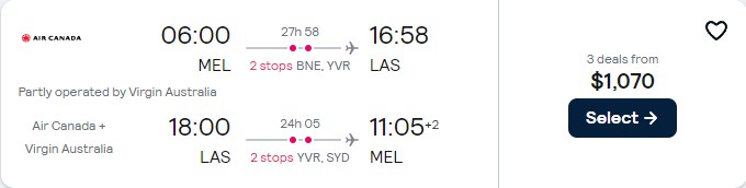 Cheap flights from Melbourne, Australia to Las Vegas, USA for only $1070 AUD roundtrip with Virgin Australia and Air Canada. Flight deal ticket image.