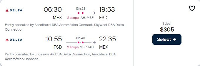 Click here to book this cheap flight deal. Cheap flights from Mexico City, Mexico to Sioux Falls, South Dakota for only $305 USD roundtrip with Delta Air Lines. Flight deal ticket image.