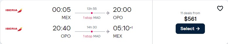 Click here to book this cheap flight deal. Cheap flights from Mexico City, Mexico to Porto, Portugal for only $561 USD roundtrip with Iberia. Flight deal ticket image.