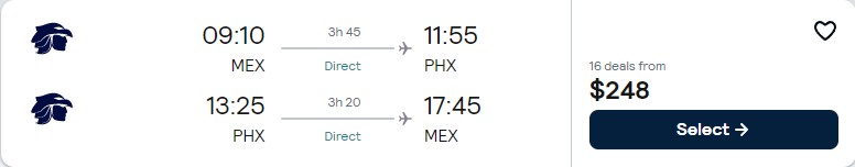 Non-stop flights from Mexico City, Mexico to Phoenix, Arizona for only $248 USD roundtrip with Aeromexico. Flight deal ticket image.