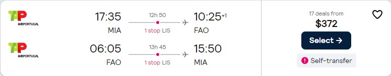 Cheap flights from Miami to Faro, Portugal for only $372 roundtrip with TAP Air Portugal. Flight deal ticket image.