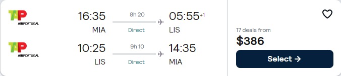 Non-stop flights from US cities to Lisbon, Portugal from only $386 roundtrip with TAP Air Portugal. Flight deal ticket image.