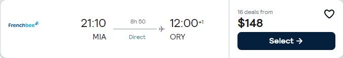 Non-stop flights from Miami to Paris, France for only $148 one-way. Flight deal ticket image.