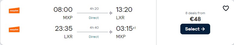 Non-stop flights from Milan, Italy to Luxor, Egypt for only €48 roundtrip. Flight deal ticket image.