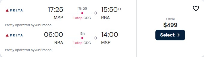 Cheap flights from Minneapolis to Rabat, Morocco for only $549 roundtrip with Delta Air Lines and Air France. Flight deal ticket image.