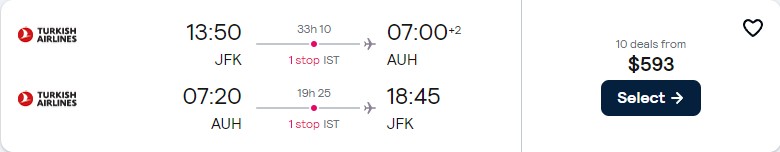 Cheap flights from New York to Abu Dhabi, UAE for only $593 roundtrip with Turkish Airlines. Flight deal ticket image.
