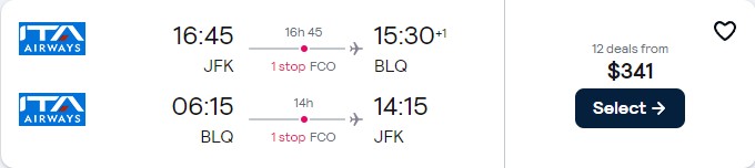 Cheap flights from New York to Bologna, Italy for only $341 roundtrip. Flight deal ticket image.