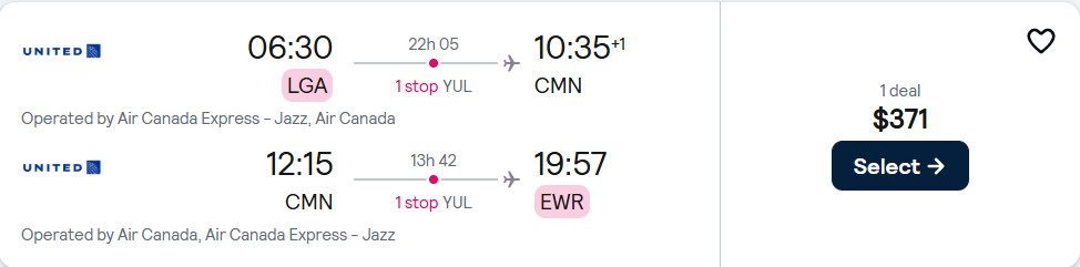 Cheap flights from New York to Casablanca, Morocco for only $371 roundtrip with Air Canada. Flight deal ticket image.