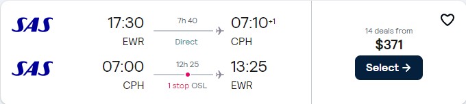 Click here to book this cheap flight deal. Cheap flights from New York to Scandinavian cities from only $371 roundtrip with Scandinavian Airlines. Flight deal ticket image.