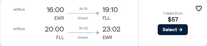 Non-stop flights from New York to Fort Lauderdale for only $56 roundtrip with JetBlue. Also works in reverse. Flight deal ticket image.