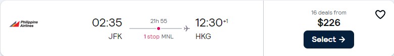Click here to book this cheap flight deal. Cheap flights from New York to Hong Kong for only $226 one-way. Flight deal ticket image.
